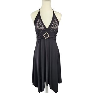 Black Rhinestone Halter Dress Size 6 – Embellished Floral Sparkle Party Cocktail